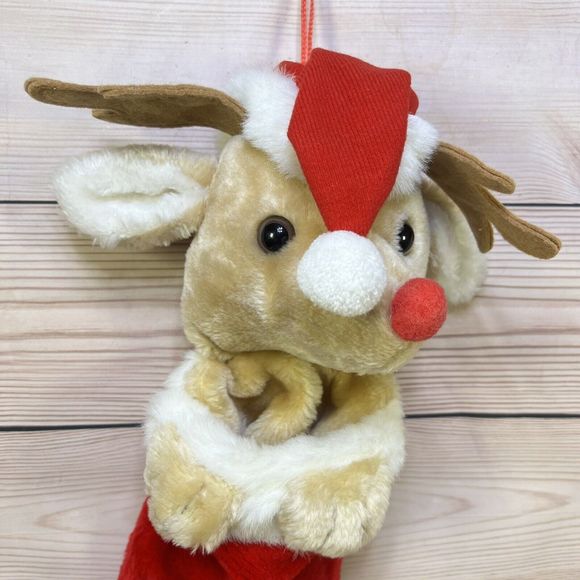 VTG Christmas Stocking 19” Rudolph Red-Nosed Reindeer Head Plush Santa Hat Bell - Picture 4 of 12
